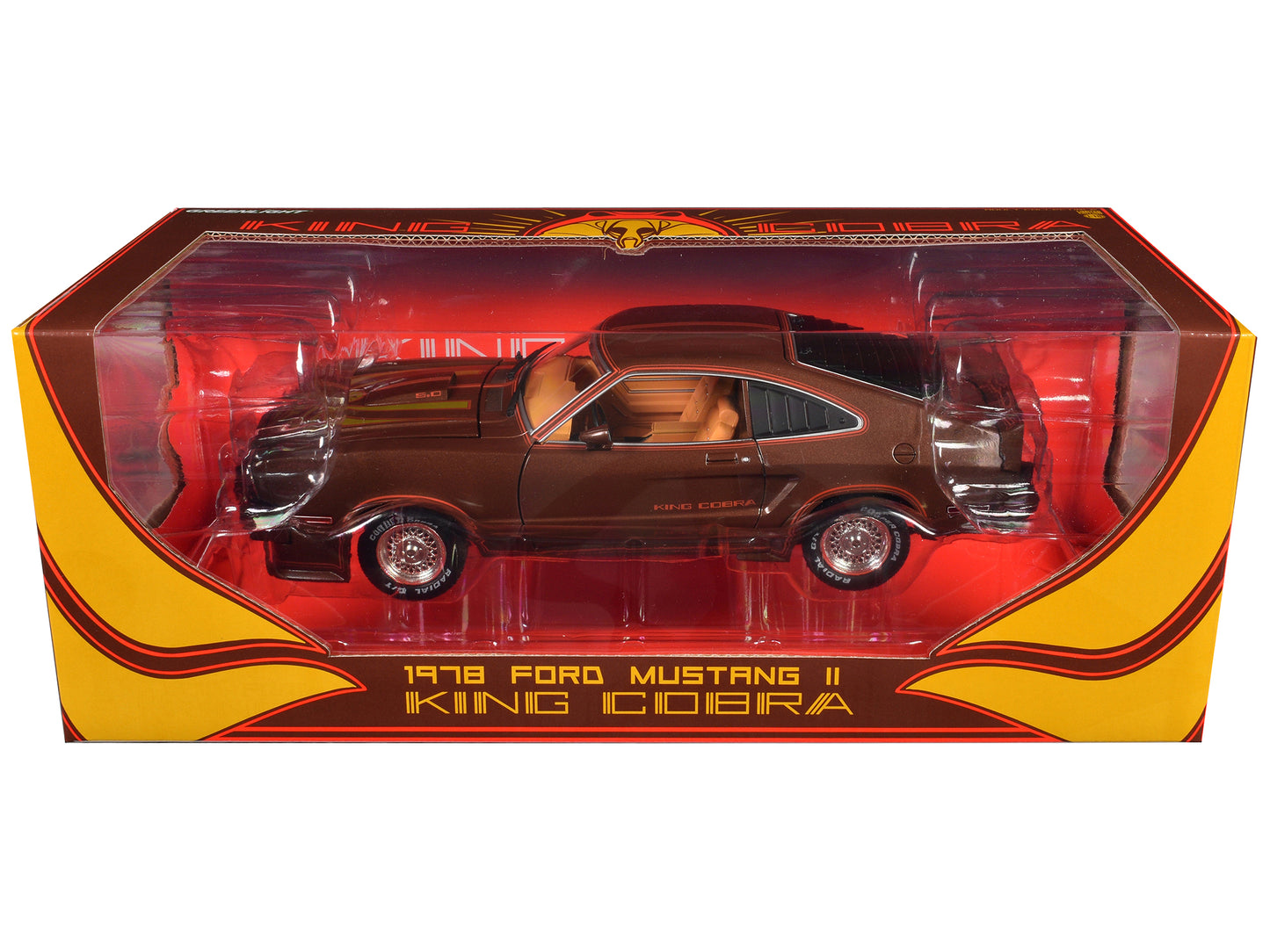 1978 Ford Mustang II King Cobra Dark Brown Metallic with Orange and Gold Hood Stripes 1/18 Diecast Model Car by Greenlight