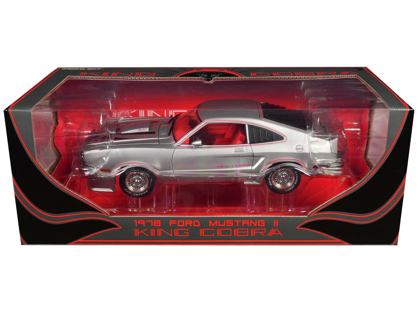 1978 Ford Mustang II King Cobra Silver Metallic with Red and Black Hood Stripes 1/18 Diecast Model Car by Greenlight