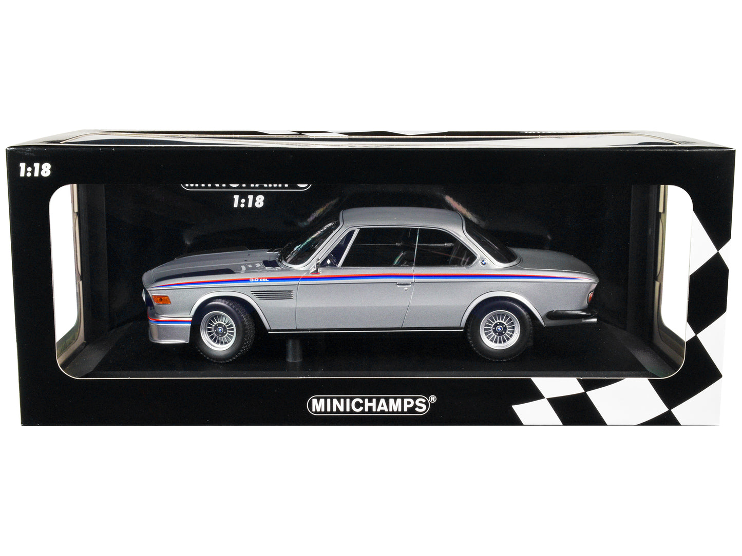 1973 BMW 3.0 CSL Silver Metallic with Red and Blue Stripes Limited Edition to 540 pieces Worldwide 1/18 Diecast Model Car by Minichamps