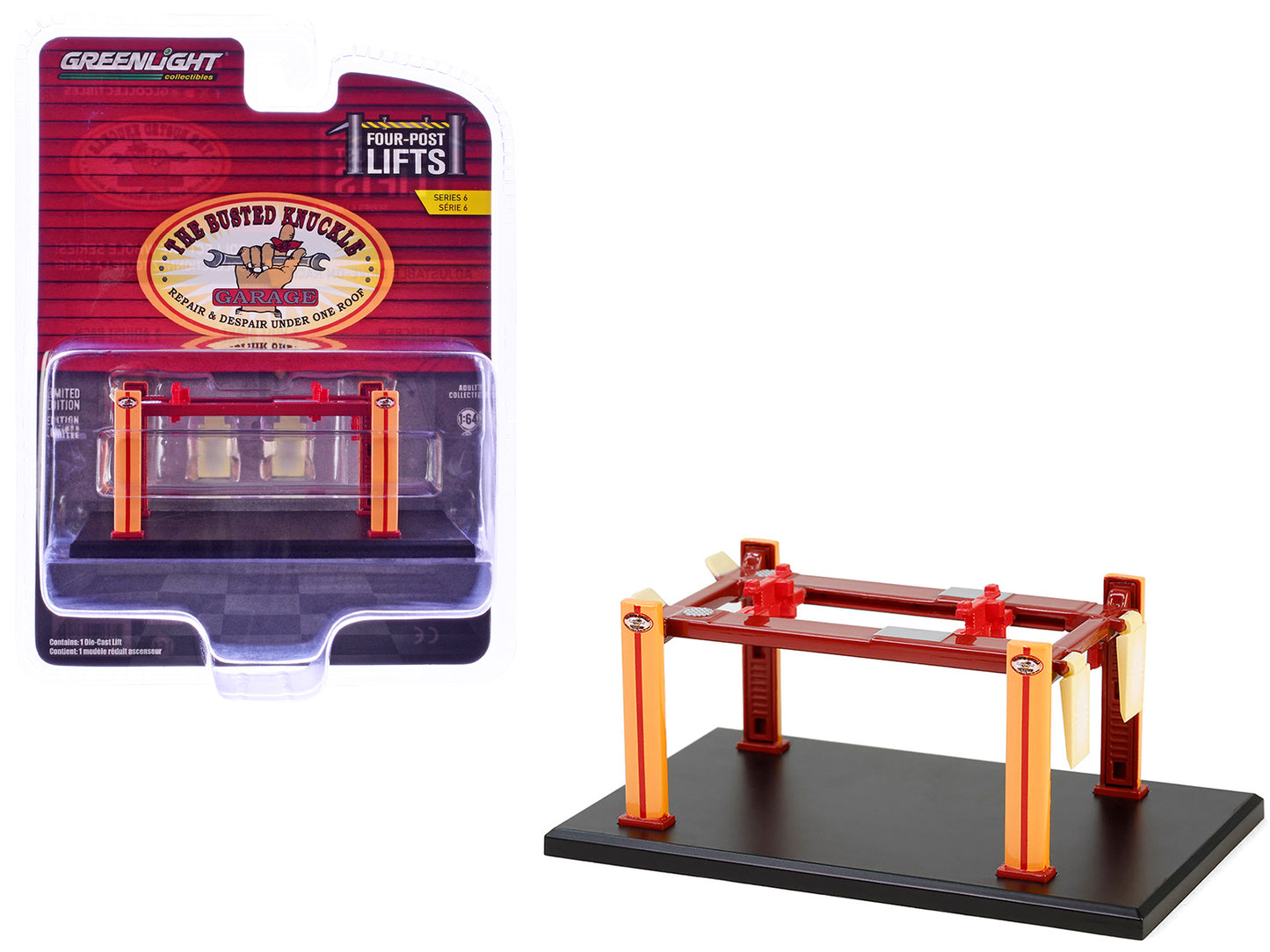 Adjustable Four-Post Lift "Busted Knuckle Garage" Red and Yellow "Four-Post Lifts" Series 6 1/64 Diecast Model by Greenlight