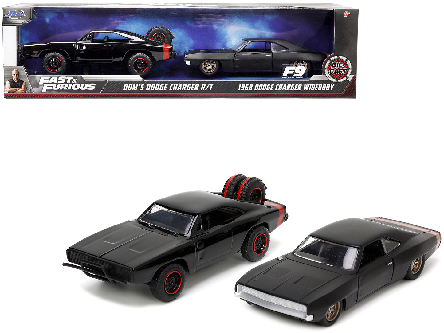 Dom's Dodge Charger R/T Black with Red Tail Stripe and 1968 Dodge Charger Widebody Matt Black with Bronze Tail Stripe Set of 2 pieces "Fast & Furious" Series 1/32 Diecast Model Cars by Jada