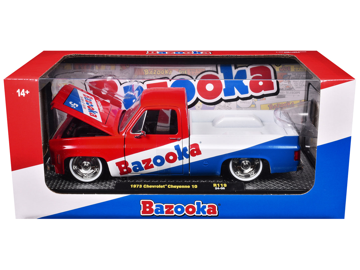 1973 Chevrolet Cheyenne 10 Pickup Truck Red and Blue with White Stripe "Bazooka Bubble Gum" Limited Edition to 6250 pieces Worldwide 1/24 Diecast Model Car by M2 Machines