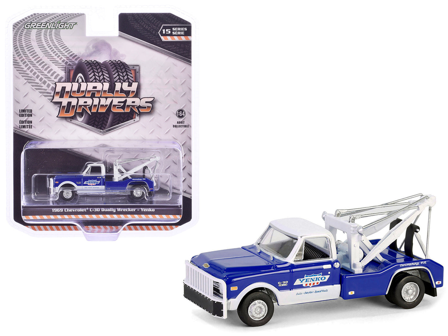 1969 Chevrolet C30 Dually Wrecker Tow Truck "Yenko" Blue with White Top "Dually Drivers" Series 15 1/64 Diecast Model Car by Greenlight