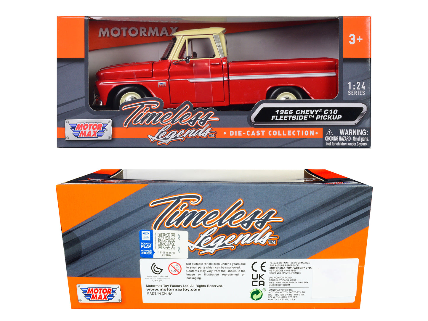 1966 Chevrolet C10 Fleetside Pickup Truck Red with Cream Top "American Classics" 1/24 Diecast Model Car by Motormax