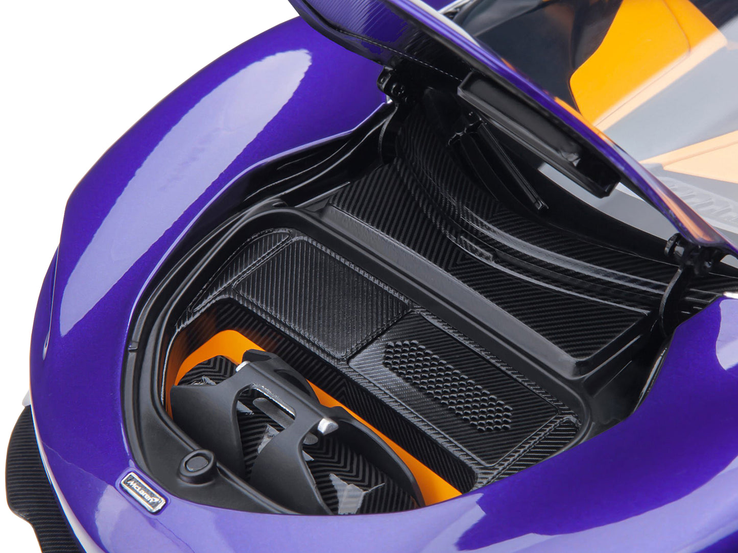 McLaren Speedtail Lantana Purple Metallic with Black Top and Yellow Interior and Suitcase Accessories 1/18 Model Car by Autoart