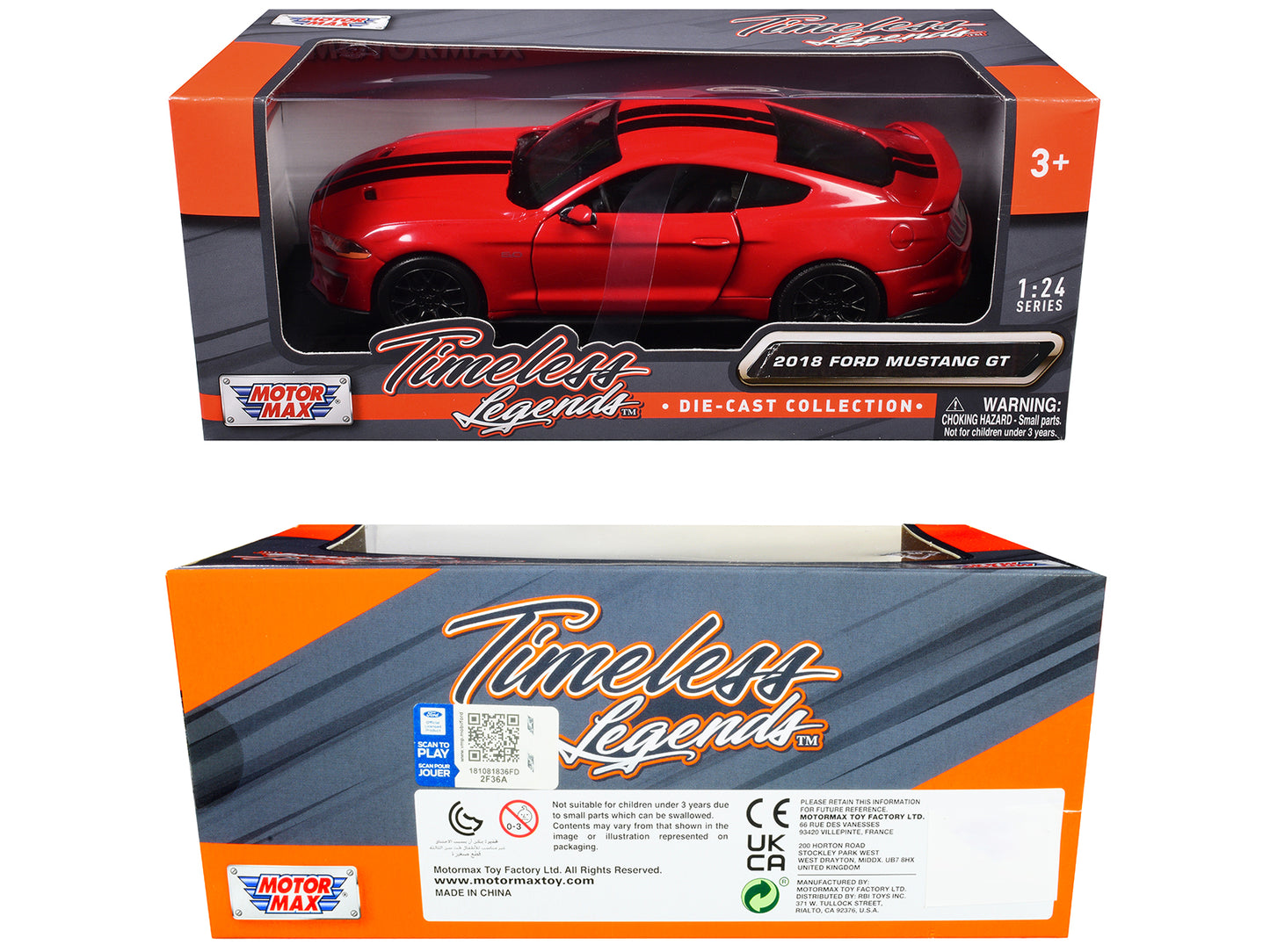 2018 Ford Mustang GT 5.0 Red with Black Stripes "Timeless Legends" Series 1/24 Diecast Model Car by Motormax