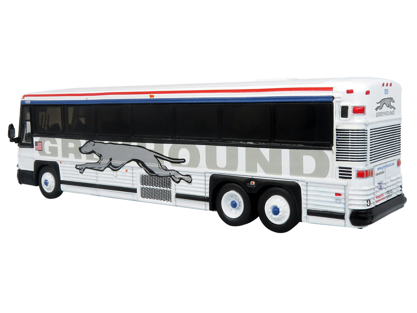 2001 MCI D4000 Coach Bus "Greyhound" White with Red and Blue Stripes "Vintage Bus & Motorcoach Collection" Limited Edition to 504 pieces Worldwide 1/87 (HO) Diecast Model by Iconic Replicas