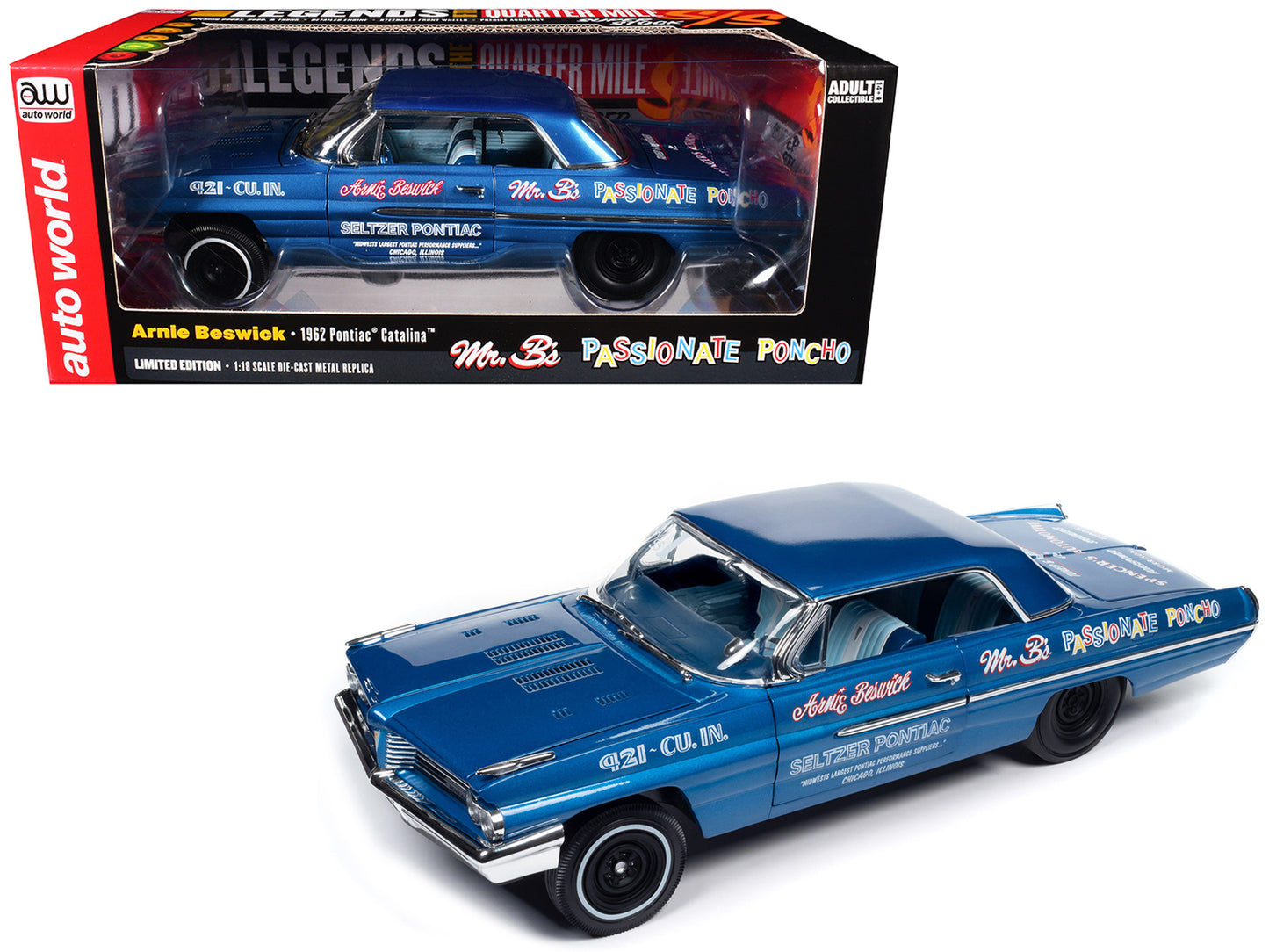 1962 Pontiac Catalina "Arnie Beswick - Mr. B's Passionate Poncho" Ensign Blue Metallic with Blue and White Interior "Legends of the Quarter Mile" Series 1/18 Diecast Model Car by Auto World
