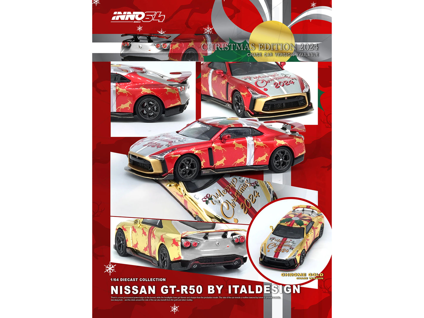 Nissan GT-R50 By ItalDesign RHD (Right Hand Drive) "Christmas 2024 Special Edition" Red Metallic with Christmas Graphics 1/64 Diecast Model Car by Inno Models