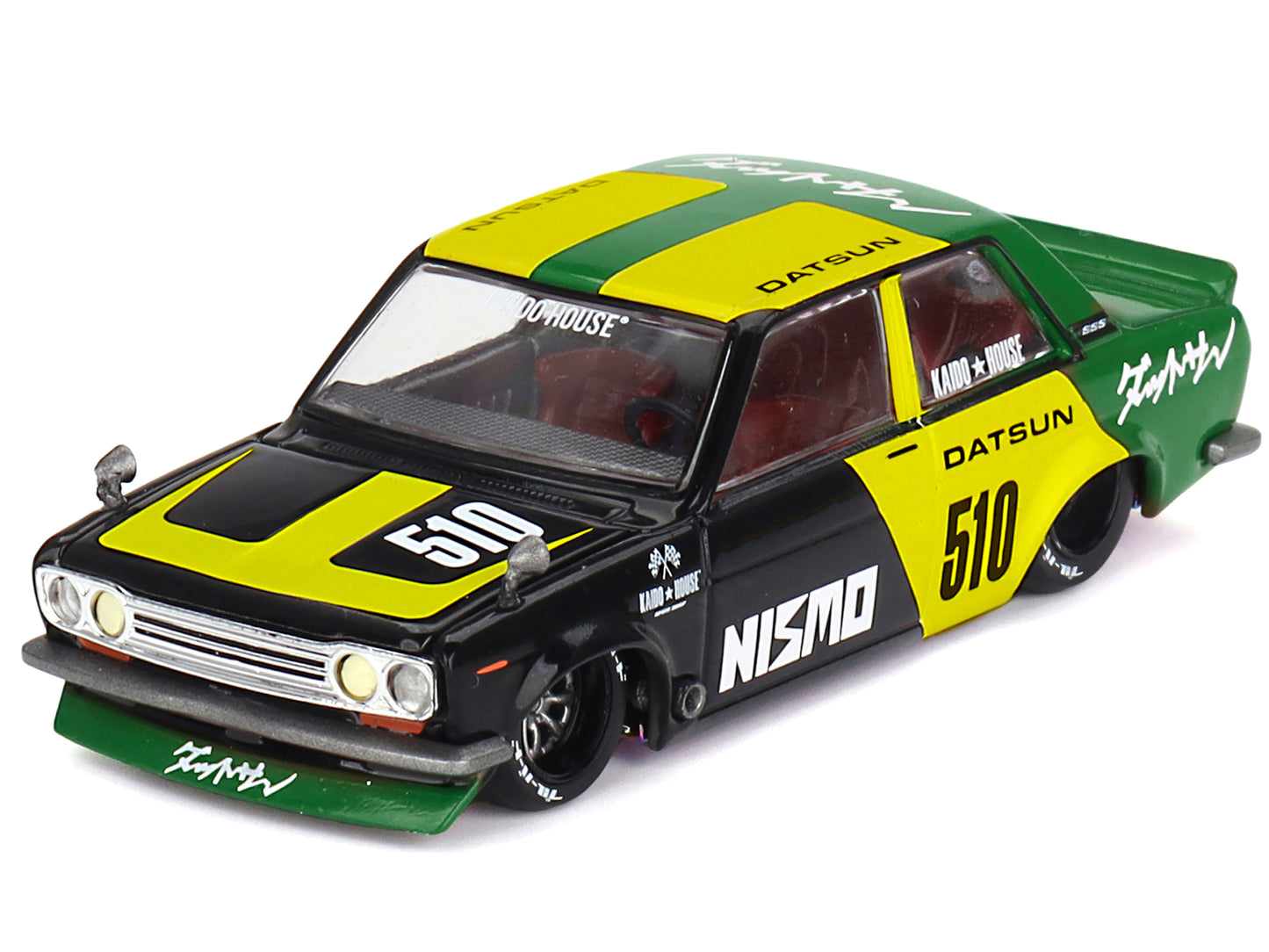 Datsun Street 510 "Racing V2" Black and Green with Yellow Accents (Designed by Jun Imai) "Kaido House" Special 1/64 Diecast Model Car by Mini GT