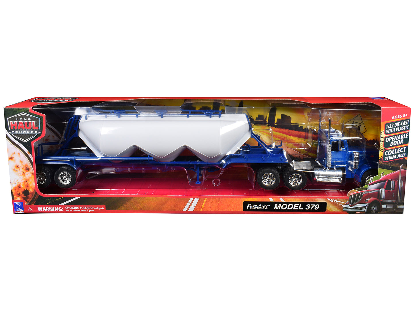 Peterbilt 379 Truck Blue with Pneumatic Tanker Trailer White "Long Haul Truckers" Series 1/32 Diecast Model by New Ray