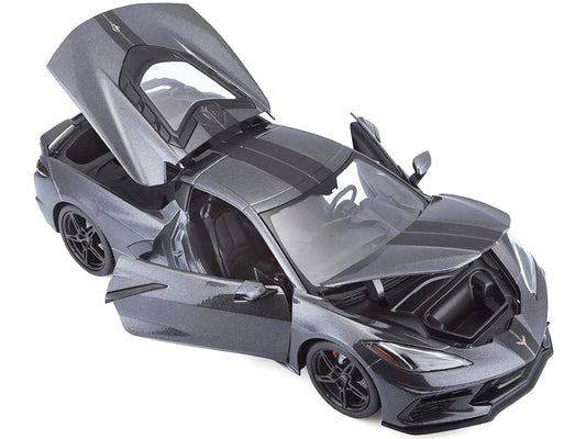 2020 Chevrolet Corvette Stingray C8 Dark Gray Metallic with Racing Stripes 1/18 Diecast Model Car by Maisto