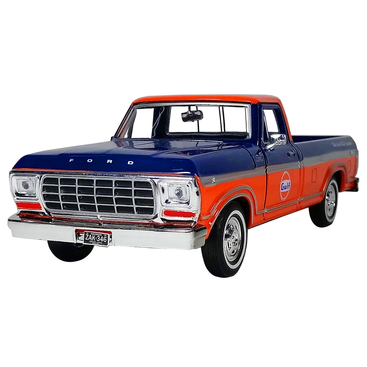 1979 Ford F-150 Custom Pickup Truck "Gulf" Dark Blue and Orange 1/24 Diecast Model Car by Motormax