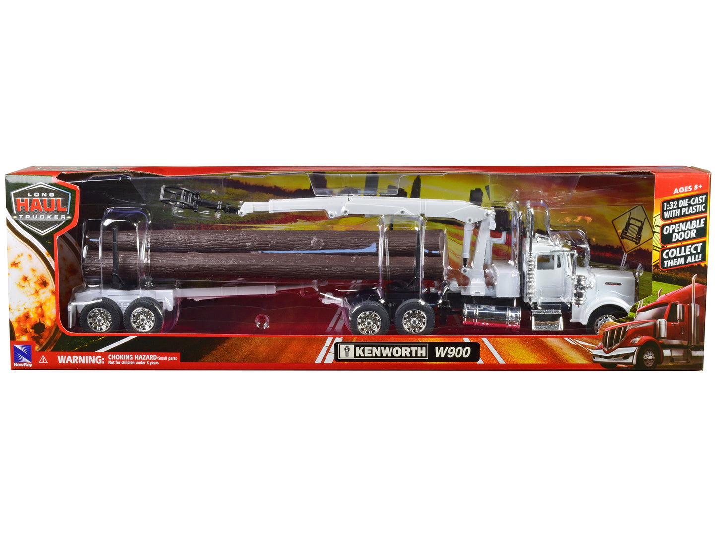 Kenworth W900 Log Hauler with Grabber White with Log Accessories "Long Haul Trucker" Series 1/32 Diecast Model by New Ray