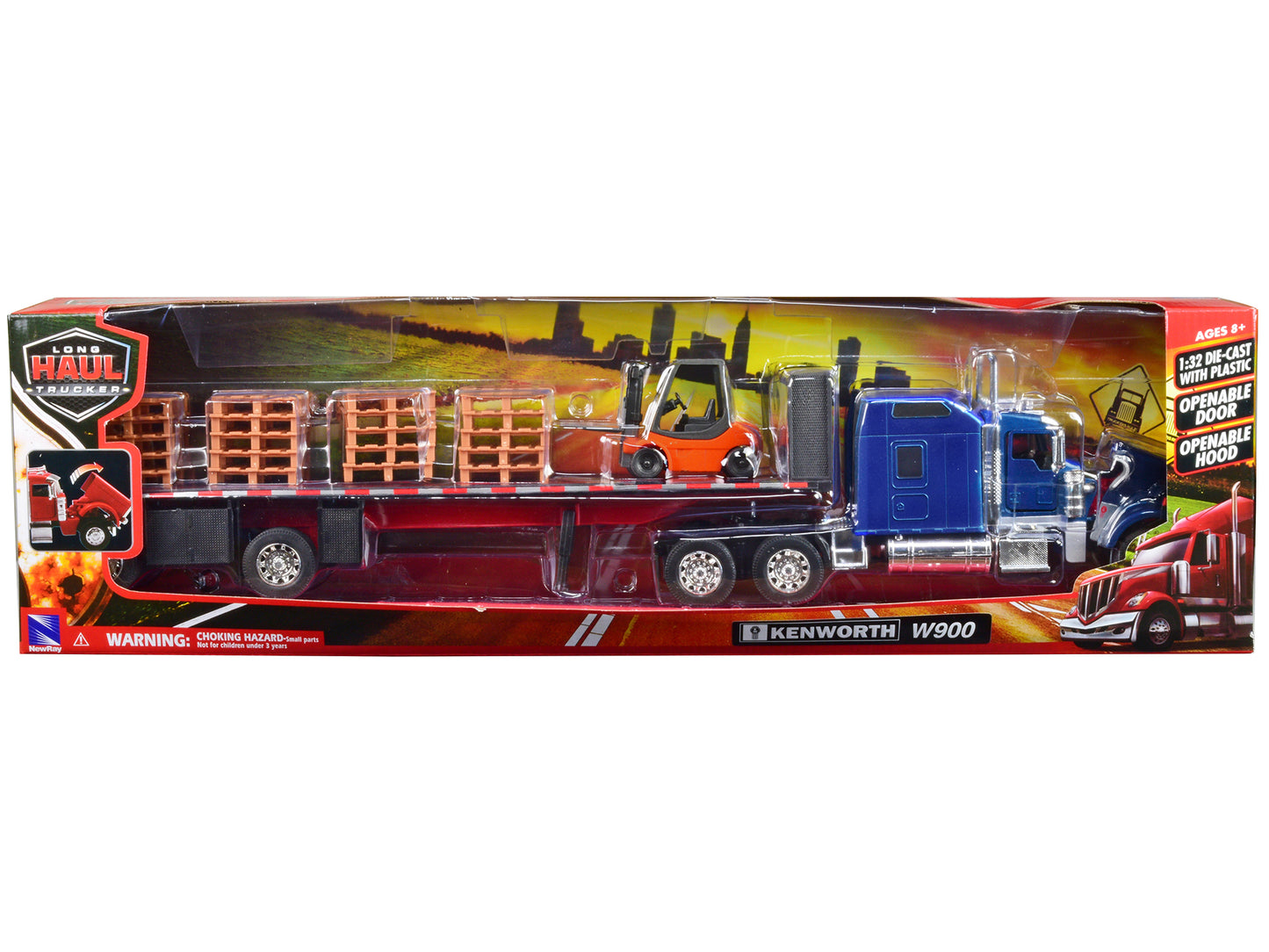 Kenworth W900 Truck with Flatbed Trailer Blue with Forklift and Pallets "Long Haul Truckers" Series 1/32 Diecast Model by New Ray