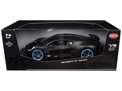 Bugatti Divo Carbon Fiber with Blue Accents "Carbon Series - Bburago 50th Anniversary" 1/18 Diecast Model Car by Bburago