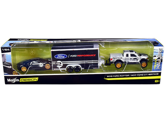 2010 Ford Raptor Pickup Truck Silver Metallic with 2017 Ford GT #2 Heritage Edition Black with Silver Stripes and Enclosed Car Trailer Black "Ford Performance" "Team Haulers" Series 1/64 Diecast Model Cars by Maisto