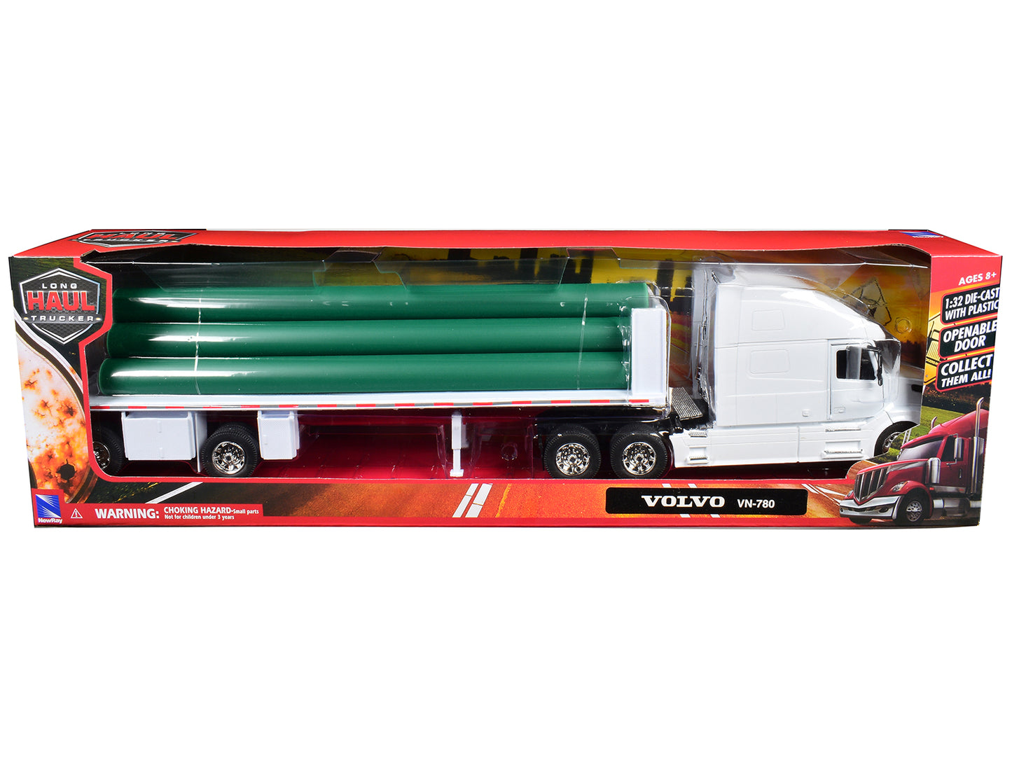 Volvo VN-780 Truck with Flatbed Trailer and Long Pipes White "Long Haul Truckers" Series 1/32 Diecast Model by New Ray