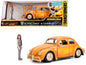 Volkswagen Beetle Weathered Yellow with Robot on Chassis and Charlie Diecast Figurine "Bumblebee" (2018) Movie ("Transformers" Series) "Hollywood Rides" Series 1/24 Diecast Model Car by Jada