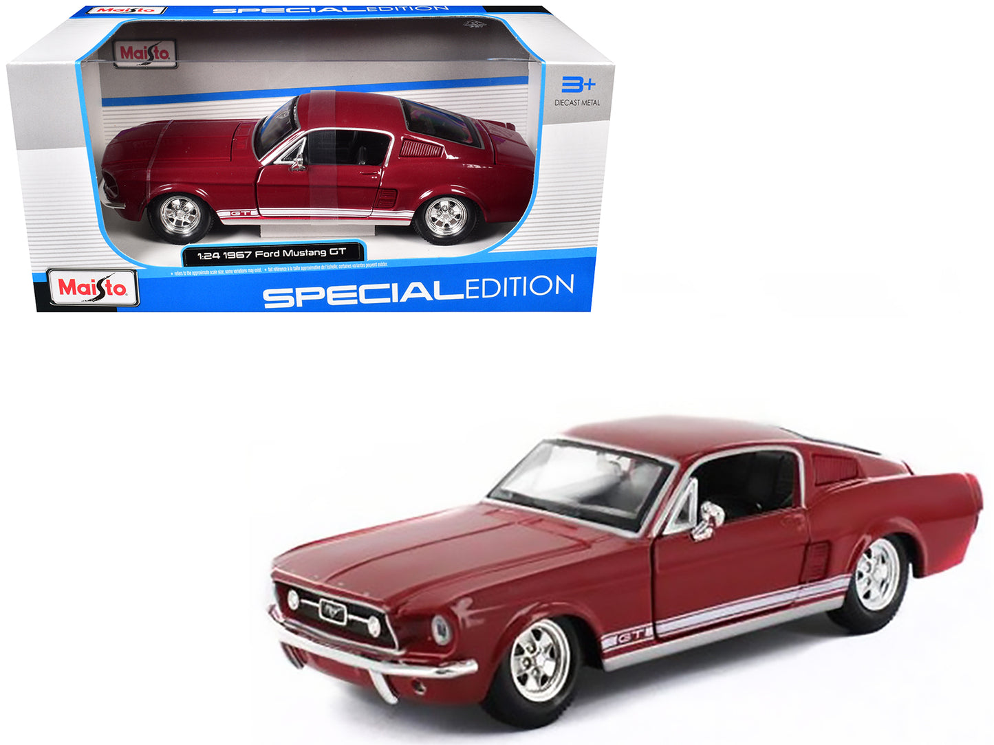 1967 Ford Mustang GT Red with White Stripes 1/24 Diecast Model Car by Maisto