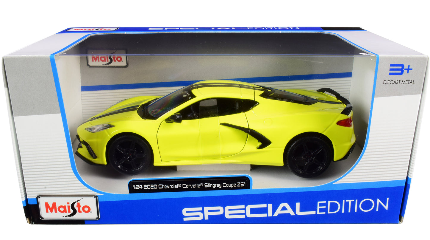 2020 Chevrolet Corvette Stingray Z51 Coupe Yellow with Black Stripes 1/24 Diecast Model Car by Maisto