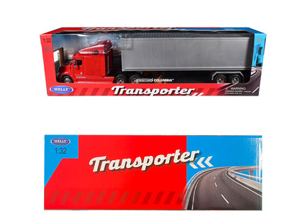 Freightliner Columbia Truck Red with Gray Container 1/32 Diecast Model by Welly