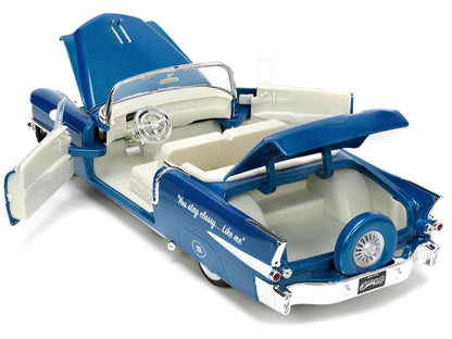 1956 Cadillac Eldorado Convertible Blue Metallic with Cream Interior "Stay Classy" and Blue M&M Diecast Figure "M&M's" "Hollywood Rides" Series 1/24 Diecast Model Car by Jada