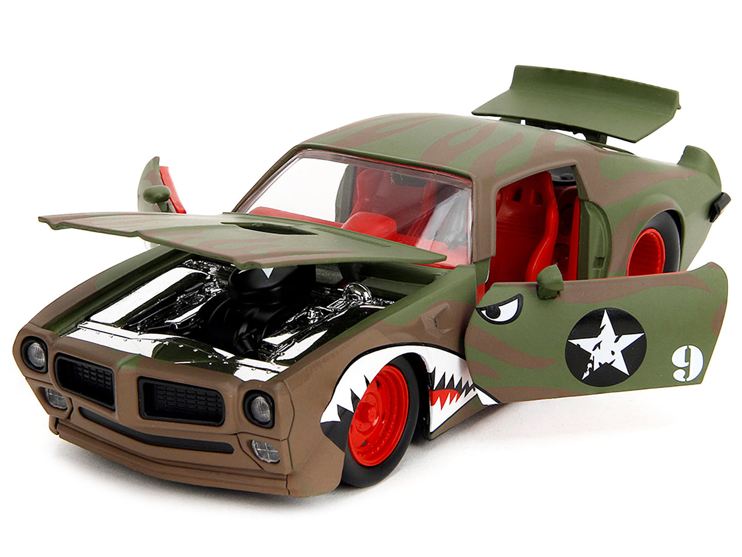 1972 Pontiac Firebird #9 Green Camouflage Flames with Graphics and Red Interior "Bigtime Muscle" Series 1/24 Diecast Model Car by Jada