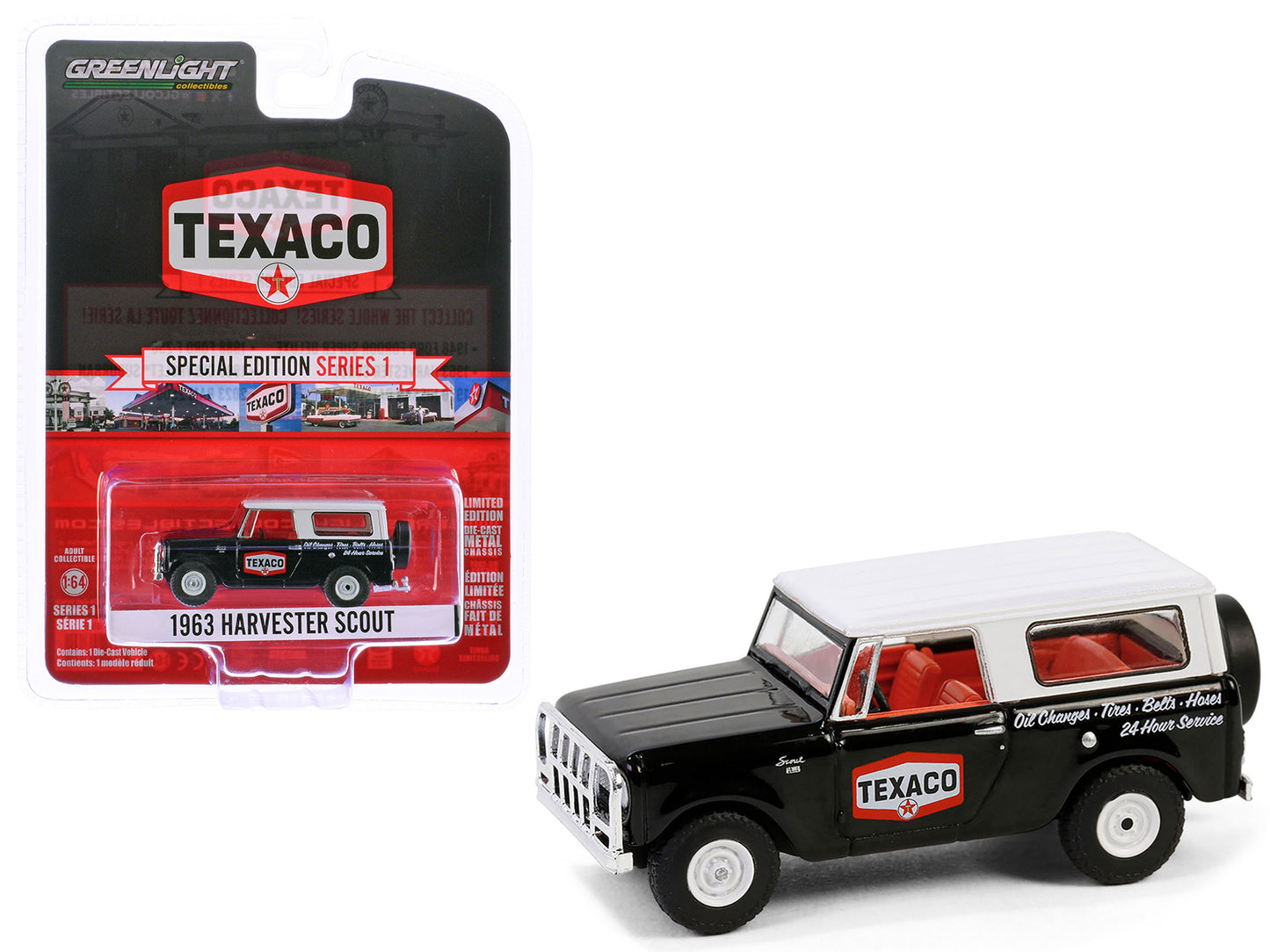 1963 Harvester Scout "Texaco" Black with White Top and Red Interior "Texaco Special Edition" Series 1 1/64 Diecast Model Car by Greenlight
