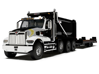 Western Star 49X Truck with Ox Bodies Dump & Beaver Tail Trailer Black with White Graphics 1/64 Diecast Model by DCP/First Gear