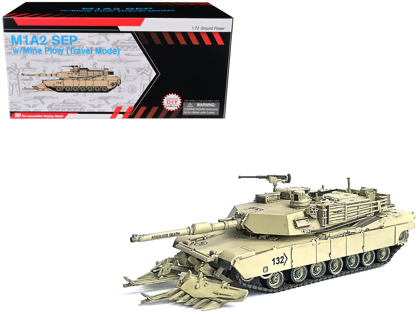 United States M1A2 SEP (System Enhancement Package) Abrams Tank with Mine Plow (Travel Mode) #132 "Absolute Death United States Army" Desert Sand "NEO Dragon Armor" Series 1/72 Plastic Model by Dragon Models