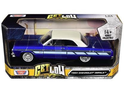 1964 Chevrolet Impala Lowrider Hard Top Candy Blue Metallic with Cream Top "Get Low" Series 1/24 Diecast Model Car by Motormax