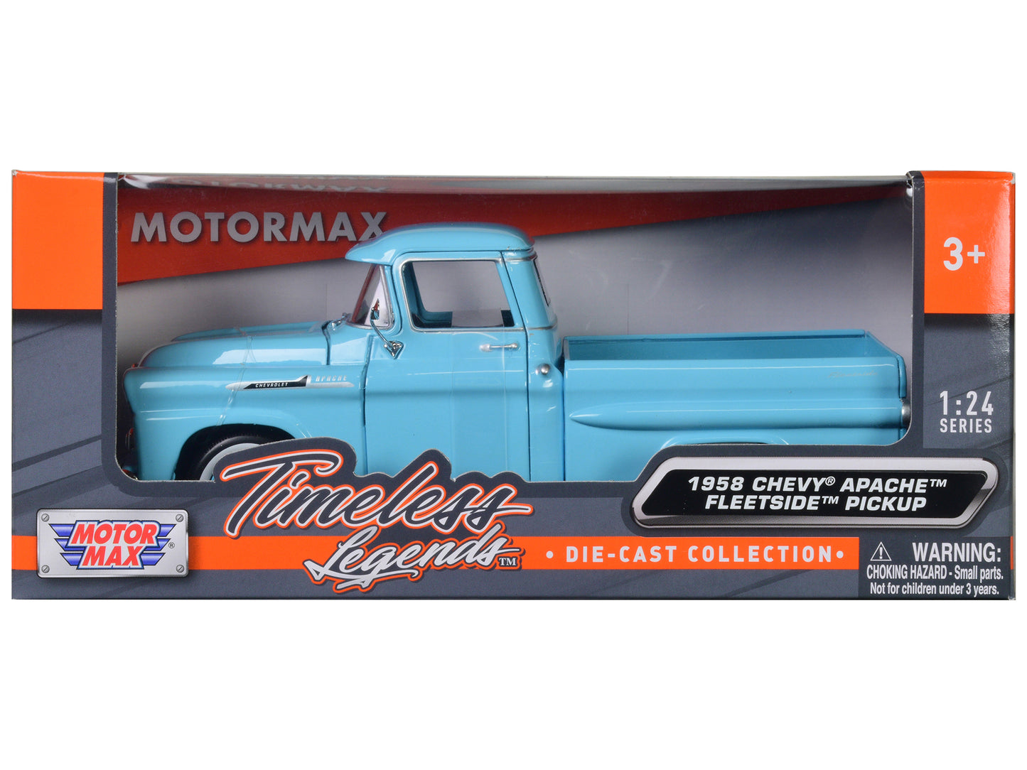 1958 Chevrolet Apache Fleetside Pickup Truck Light Blue 1/24 Diecast Model Car by Motormax