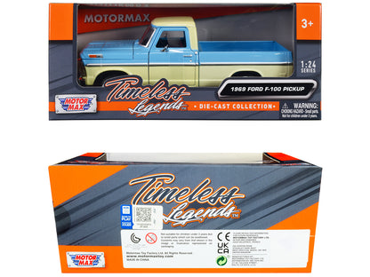 1969 Ford F-100 Pickup Truck Light Blue and Cream "Timeless Legends" Series 1/24 Diecast Model Car by Motormax