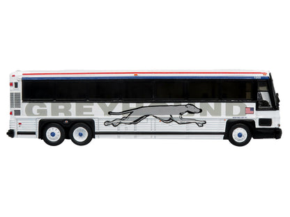 2001 MCI D4000 Coach Bus "Greyhound" White with Red and Blue Stripes "Vintage Bus & Motorcoach Collection" Limited Edition to 504 pieces Worldwide 1/87 (HO) Diecast Model by Iconic Replicas