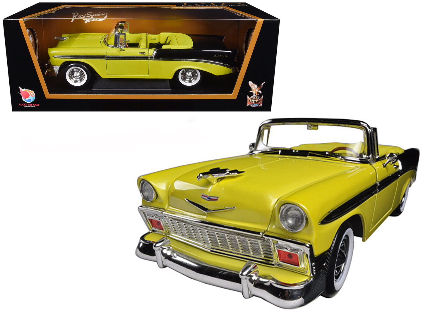 1956 Chevrolet Bel Air Convertible Yellow/Black 1/18 Diecast Car Model by Road Signature