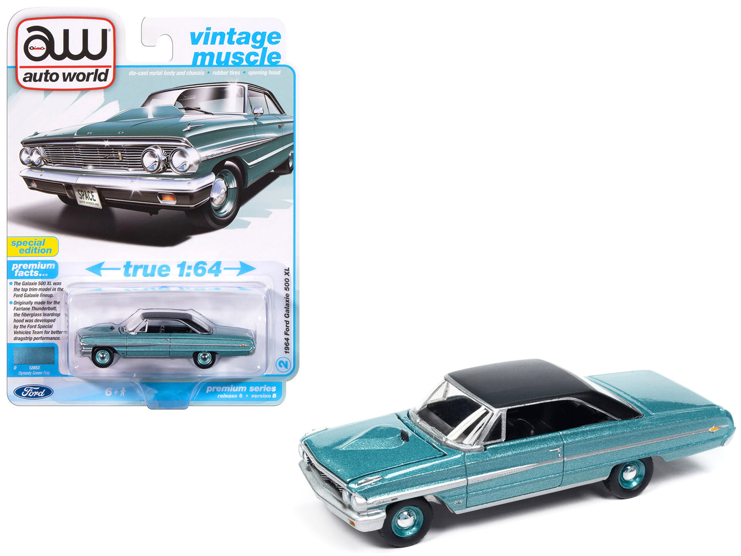 1964 Ford Galaxie 500 XL Dynasty Green Metallic with Black Top "Vintage Muscle" Series 1/64 Diecast Model Car by Auto World