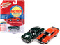 1969 Chevrolet Camaro ZLX Phase III Hugger Orange with Black Stripes and 1973 Chevrolet Camaro Phase III Dark Green Metallic and White "Baldwin Motion" Set of 2 Cars 1/64 Diecast Model Cars by Johnny Lightning