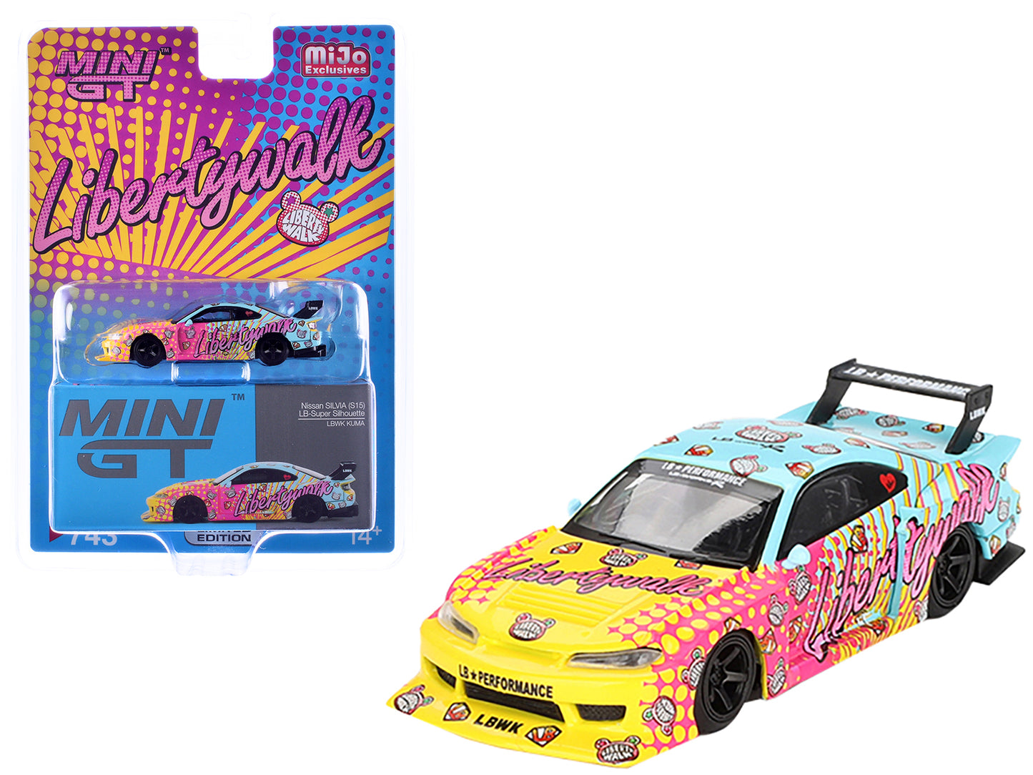 Nissan "LB-Super Silhouette" S15 SILVIA RHD (Right Hand Drive) Yellow and Blue with Pink Graphics "LBWK KUMA" Limited Edition 1/64 Diecast Model Car by Mini GT