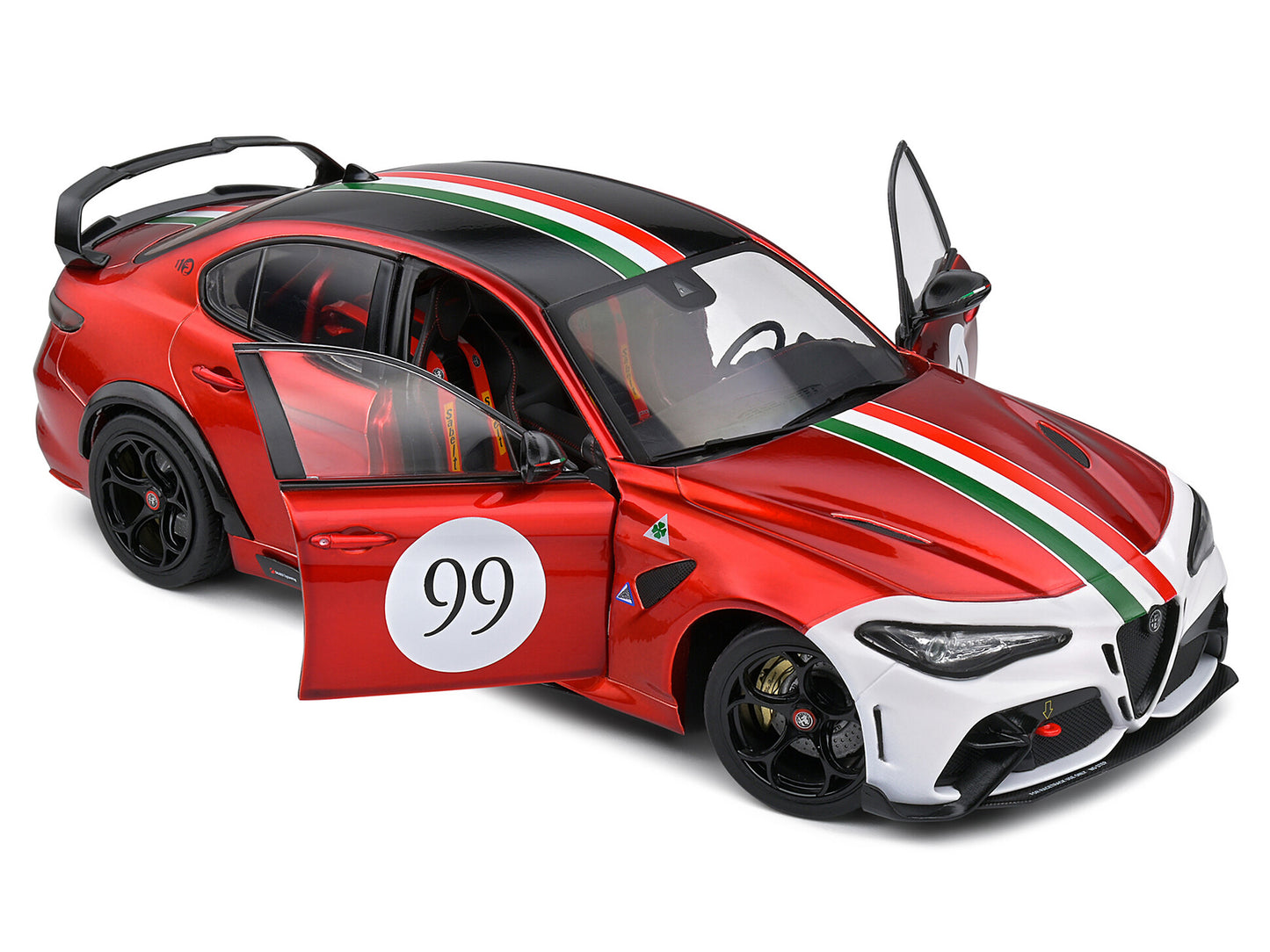 2022 Alfa Romeo Giulia GTAm #99 Red Metallic with Black Top and Italian Flag Stripes "Mugello 1969" Livery "Competition" Series 1/18 Diecast Model Car by Solido