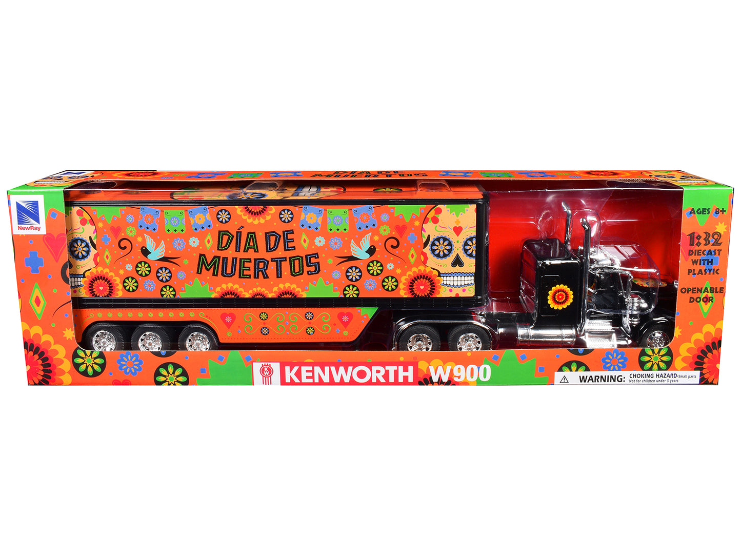 Kenworth W900 Truck Black with Graphics and Dry Van Trailer "Dia De Muertos" 1/32 Diecast Model by New Ray