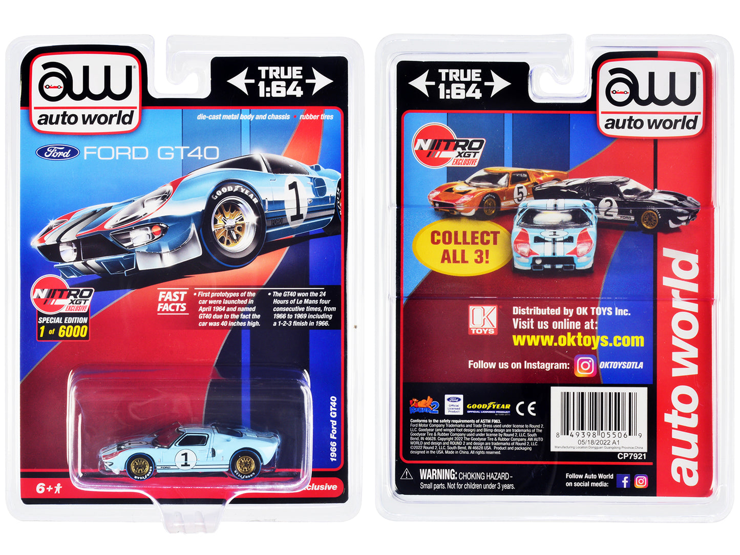 1966 Ford GT40 RHD (Right Hand Drive) #1 Light Blue with Stripes Limited Edition to 6000 pieces Worldwide 1/64 Diecast Model Car by Auto World