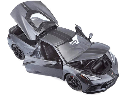 2020 Chevrolet Corvette Stingray C8 Dark Gray Metallic with Racing Stripes 1/18 Diecast Model Car by Maisto