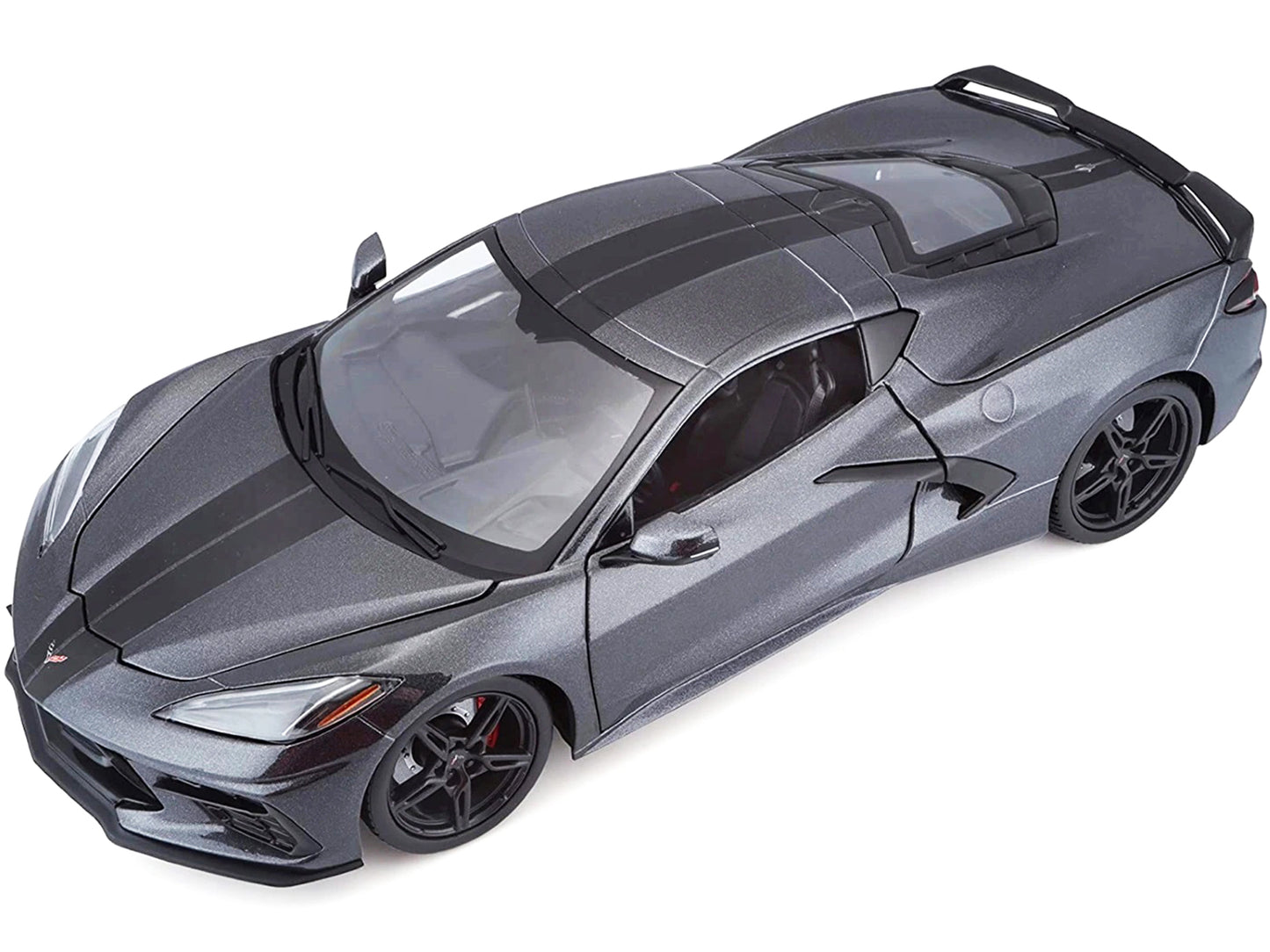 2020 Chevrolet Corvette Stingray C8 Dark Gray Metallic with Racing Stripes 1/18 Diecast Model Car by Maisto