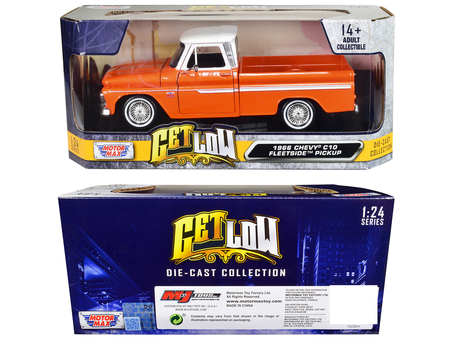 1966 Chevrolet C10 Fleetside Pickup Truck Lowrider Orange Metallic with White Top "Get Low" Series 1/24 Diecast Model Car by Motormax